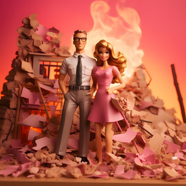 Barbie und Ken vor der Kulisse einer brennenden Stadt