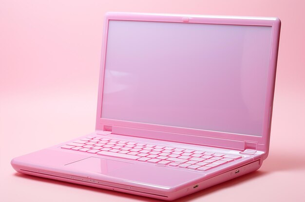 Foto barbiecore laptop rosa em um computador de boneca de fundo rosa generative ai