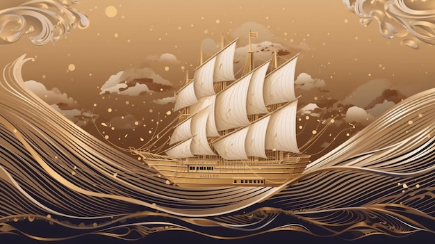 Barca dourada com velas quadradas em fundo de arte de onda abstrata de luxo em estilo de arte de linha ouro