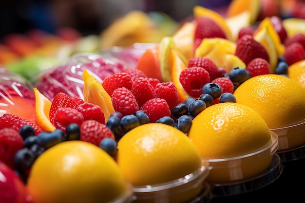 Barcelonas Aromen aus nächster Nähe, Darstellung von geschnittenen frischen Früchten auf dem Markt La Boqueria