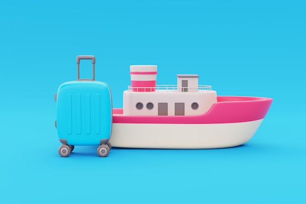 Barco 3D com mala no fundo azul Transporte oceânico Turismo e conceito de viagem férias em todo o mundo viagem viagem renderização em 3d