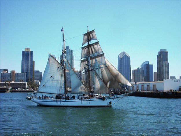 Barco a vela a navegar no mar contra um céu limpo