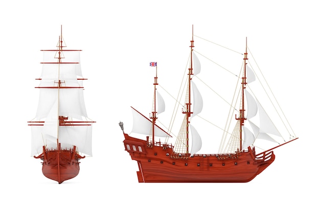 Foto barco à vela alto vintage de madeira vermelha, caravela, navio de pirata ou navio de guerra em um fundo branco. renderização 3d