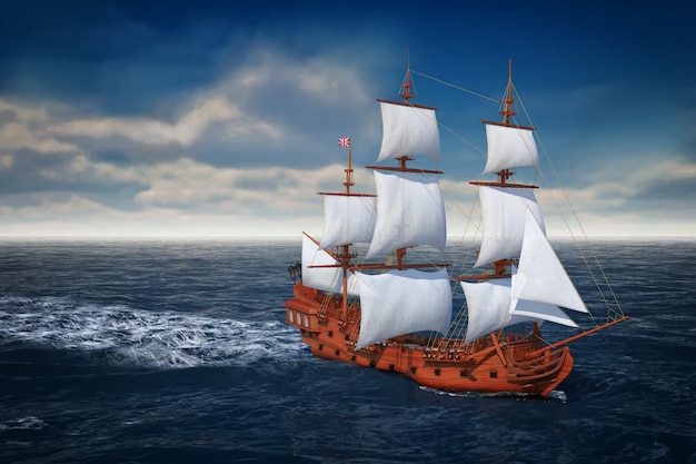 Barco à vela alto vintage de madeira vermelha, caravela, navio pirata ou navio de guerra em oceano aberto closeup extrema. Renderização 3D