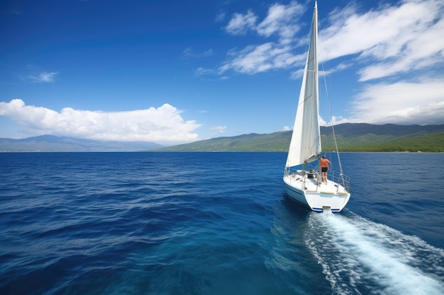 Barco à vela com pessoa no leme navegando no mar azul criado com ai generativo