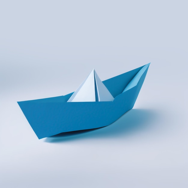 Barco à vela de papel artesanal Origami iate branco sobre fundo azul Papel de arte digital barco azul Elemento de design