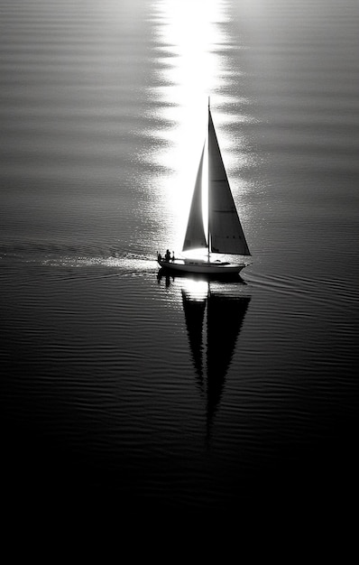 Foto barco à vela no lago em preto e branco com reflexo