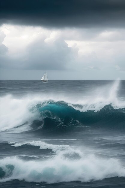 Barco a vela no mar com ondas em tempo nublado em tons cinzentos