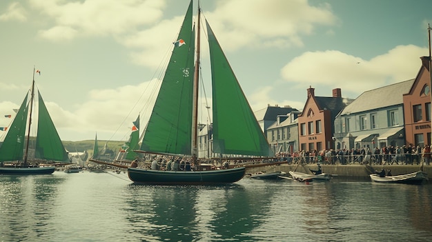 Barco a vela verde flutuando sobre a água Dia de São Patrício