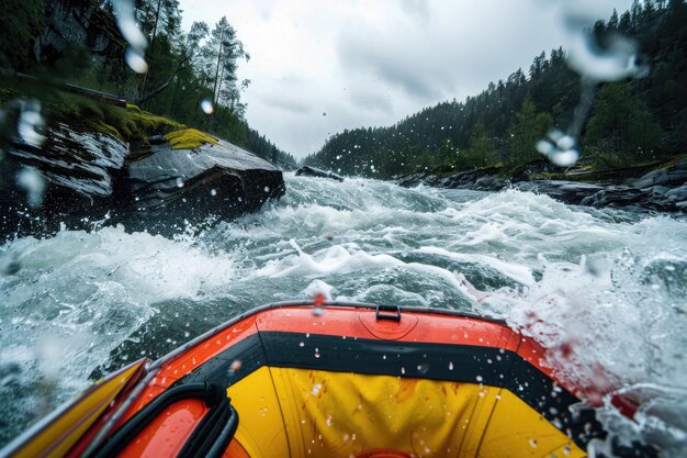 Un barco acelerando por un río turbulento hacia una cascada.