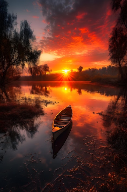 Un barco en el agua al atardecer.