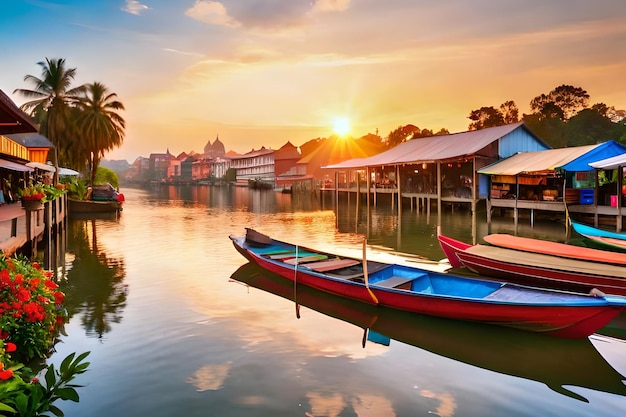 Un barco en el agua al atardecer.