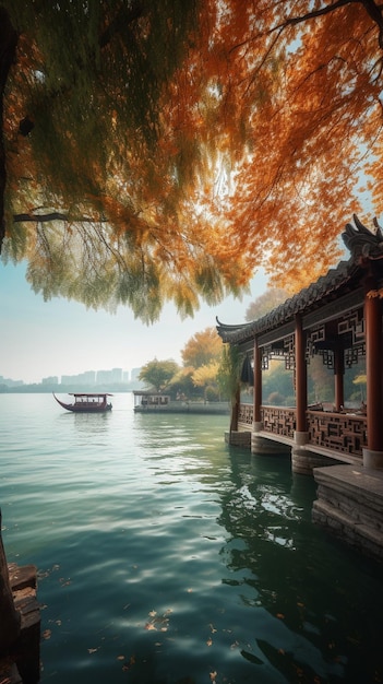 Un barco en el agua con un árbol al fondo.