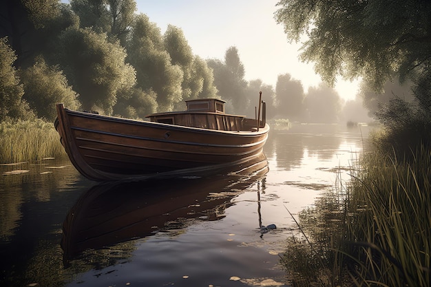 Un barco en el agua con árboles al fondo.