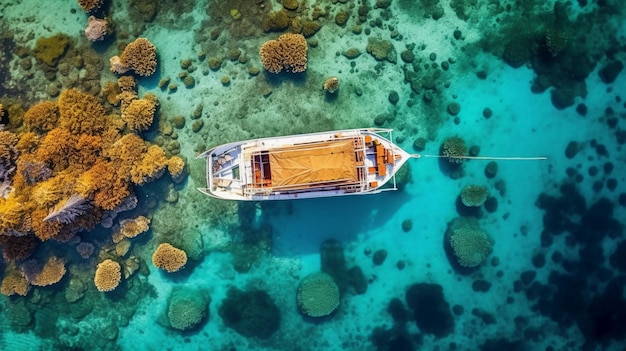 Un barco en el agua con un arrecife de coral en el fondo