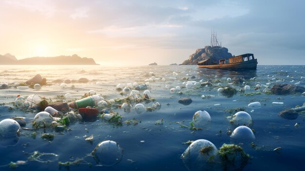 Barco en el agua con basura de plástico flotante IA generativa