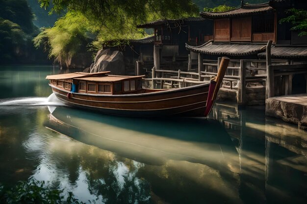 Un barco en el agua con una casa al fondo.