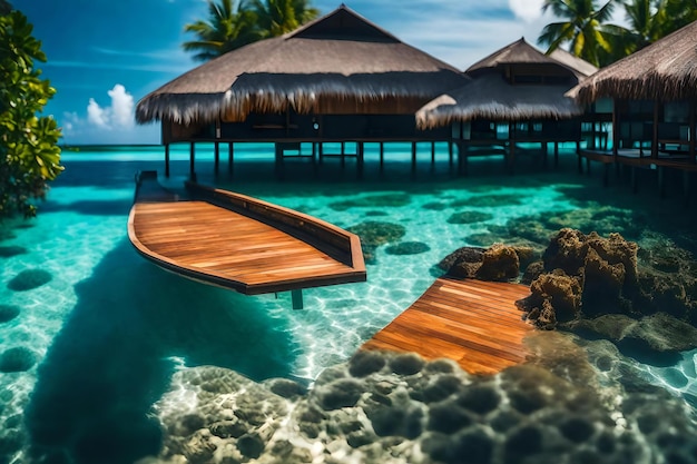 Un barco en el agua con una casa en el fondo.