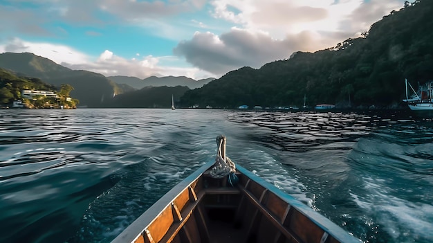 Un barco en el agua con un cielo nublado de fondo.