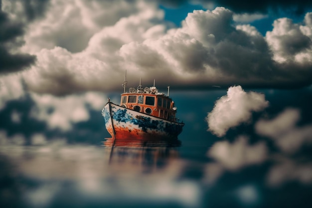 Un barco en el agua con un cielo nublado de fondo