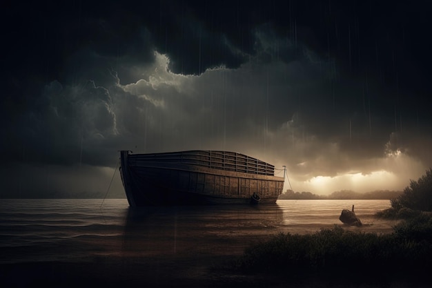 Un barco en el agua con un cielo oscuro y un fondo oscuro.