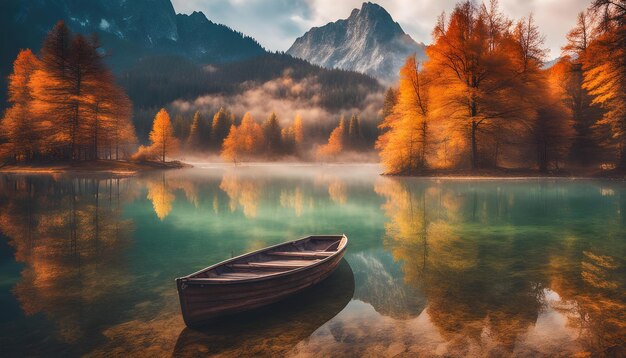 un barco en el agua con un fondo de bosque