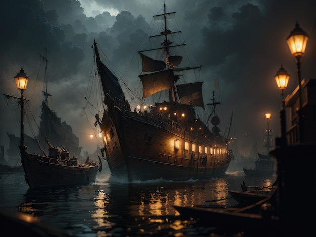 Un barco en el agua con las luces encendidas