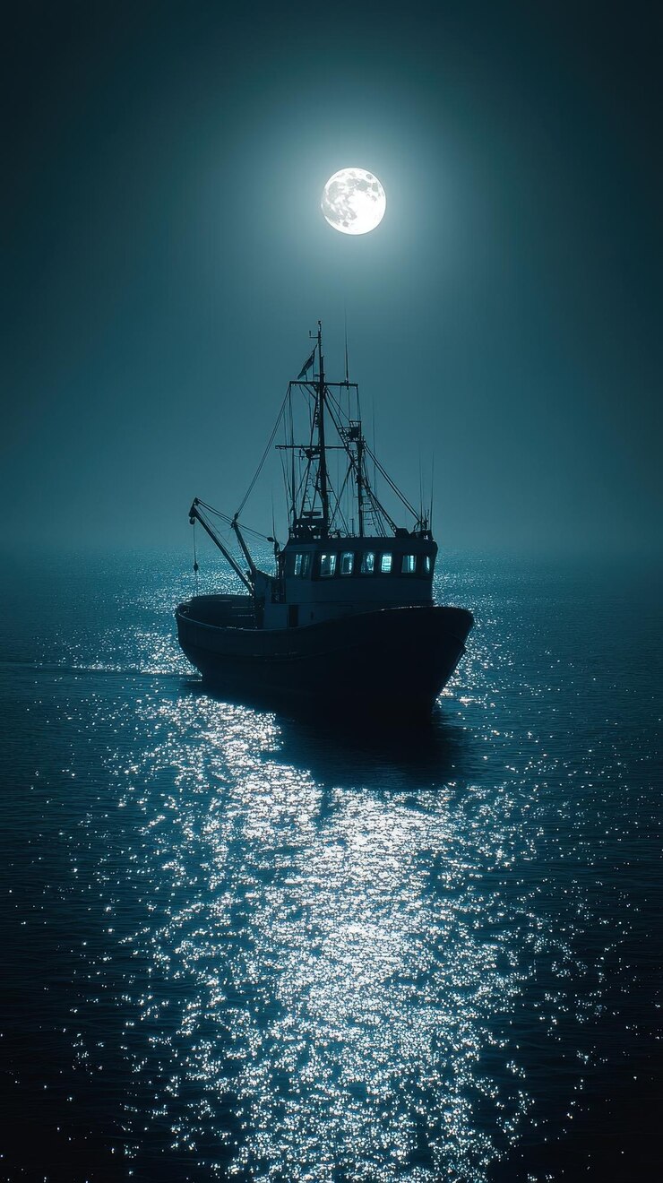 un barco en el agua con la luna en el fondo