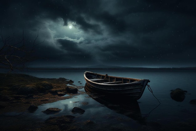 Un barco en el agua con luna llena al fondo.