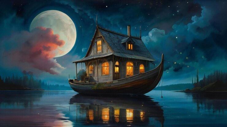 un barco en el agua con una luna llena en el fondo