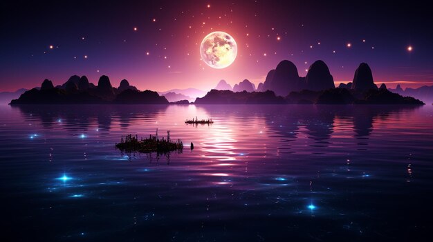un barco en el agua con una luna llena en el fondo.