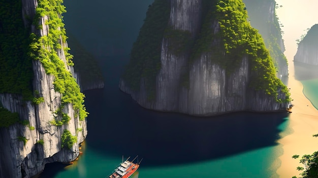 Un barco en el agua con una montaña al fondo.