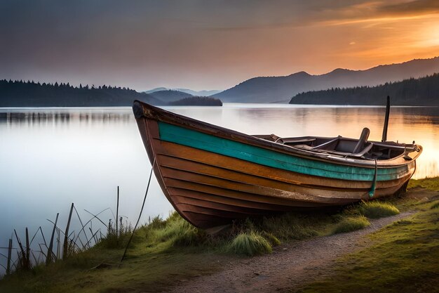 un barco en el agua con montañas en el fondo