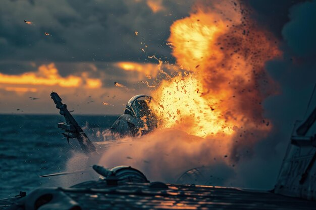 Un barco en el agua con mucho fuego saliendo de él