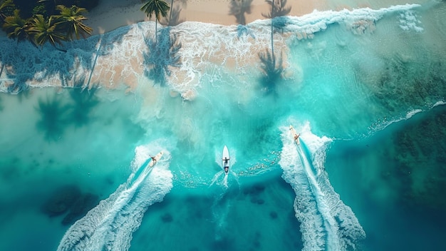 un barco en el agua con palmeras en el fondo