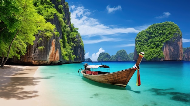 Un barco en el agua con una playa y montañas al fondo.