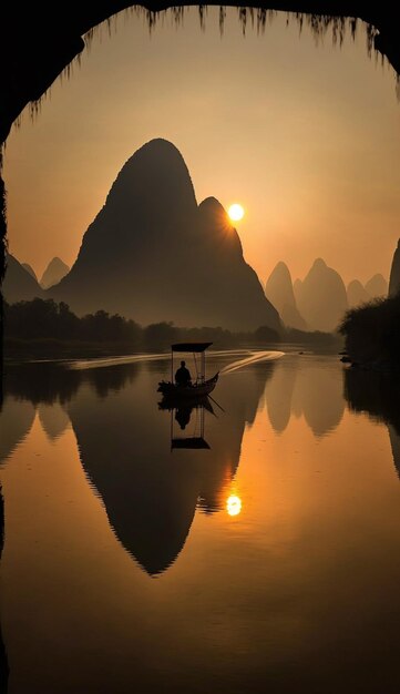 Un barco en el agua con la puesta de sol detrás de él.