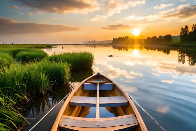 Un barco en el agua con la puesta de sol detrás de él.