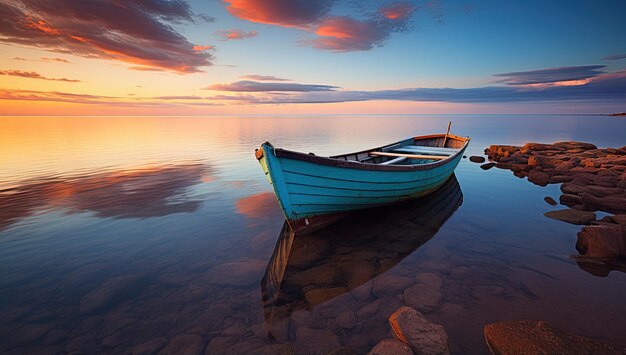 un barco en el agua con una puesta de sol en el fondo