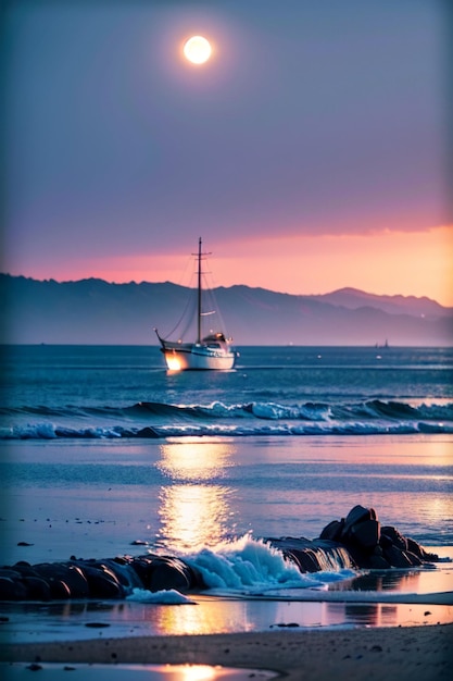 Un barco en el agua con una puesta de sol de fondo