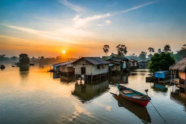 Un barco en el agua con una puesta de sol de fondo