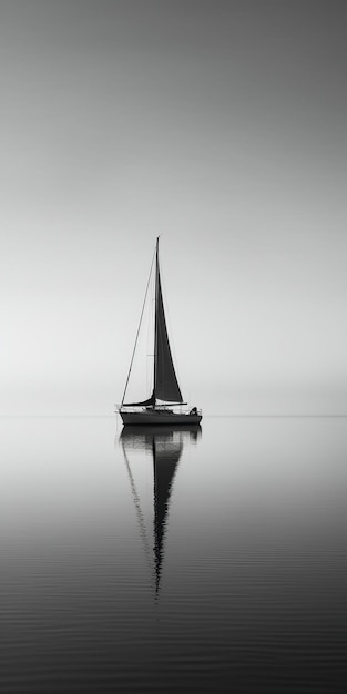 Un barco en el agua con un reflejo del velero.