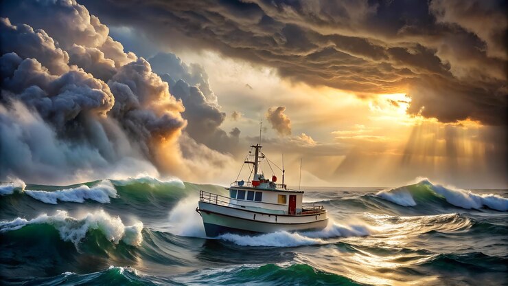 un barco en el agua con el sol poniéndose detrás de él