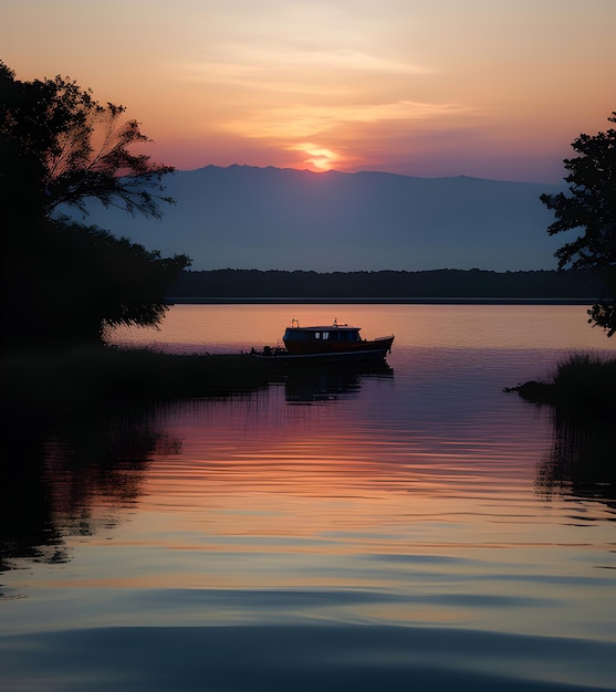 Foto un barco está en el agua con el sol poniéndose detrás de él.