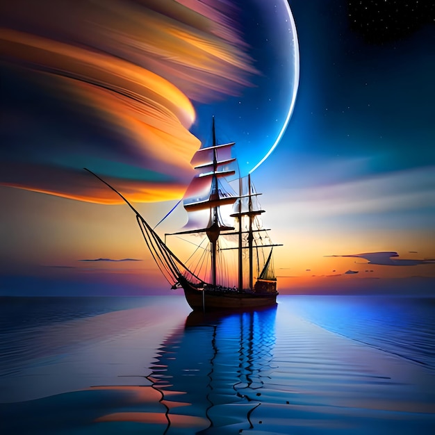 Un barco alto navega a través de mares iluminados por la luna nubes estrellas de luna luz de neón arte en la oscuridad de la noche