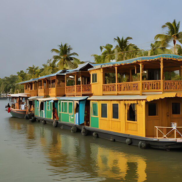 Foto un barco amarillo y verde con una casa flotante en el agua