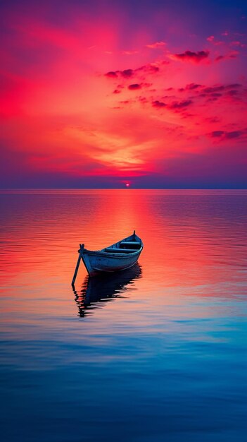 barco arafed na água ao pôr-do-sol com um céu vermelho generativo ai