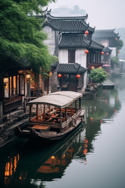 barco arafed en un río con arquitectura china en el fondo generativo ai