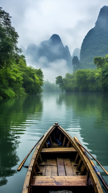barco arafiado em um rio com montanhas ao fundo IA generativa