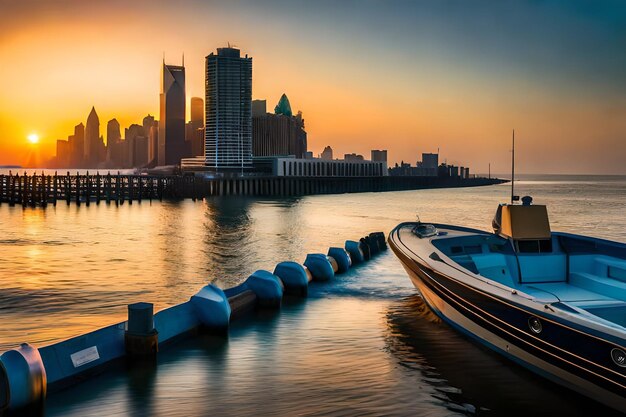 Foto un barco está atracado en el agua con la ciudad en el fondo